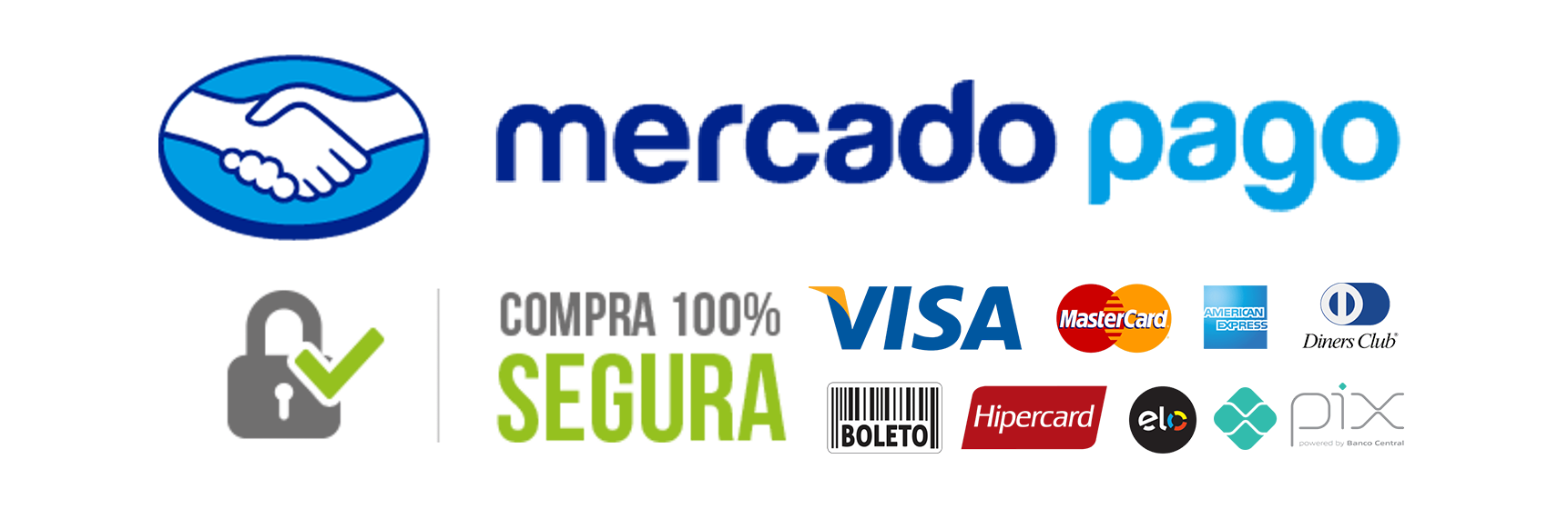 Mercado Pago · Compra 100% Segura · Visa, MasterCard, American Express, Diners, Boleto, Hipercard, Elo, Pix
